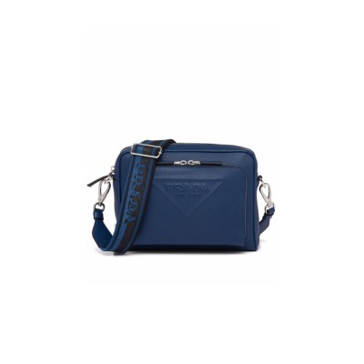PRADA LOGO-EMBOSSED SAFFIANO LEATHER BAG IN BLUETTE 2VH152 (24*18*6cm) 